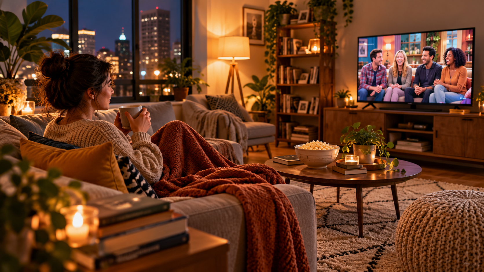 Una studentessa guarda una sitcom in inglese sul divano di casa